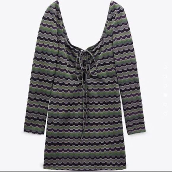 NWT Zara Retro Purple & Green Metallic Cutout Long Sleeve Mini Dress - Picture 5 of 15